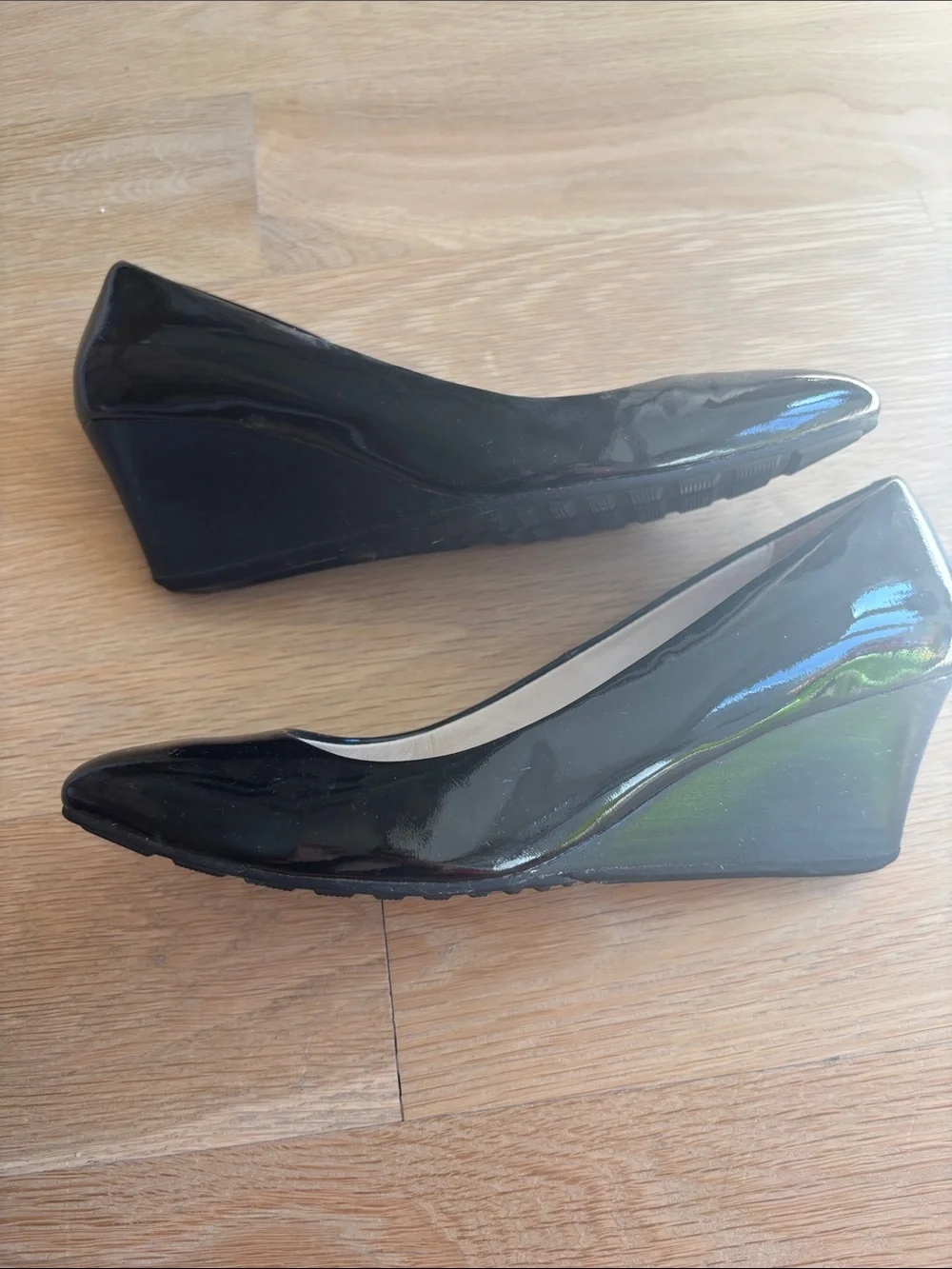 Cole Haan Black Patent wedges with Quilted Insole